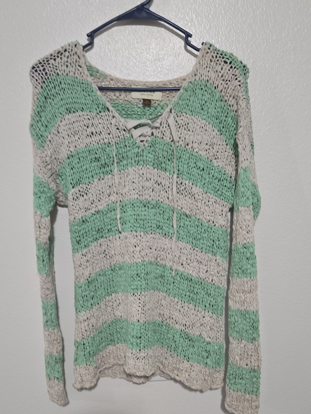 Sonoma Lace-Up V-Neck Striped Sweater in Mint & Cream